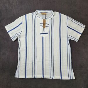 Domna Bogioka Greece Shirt Mens Large White Blue Cotton Striped Top Short Sleeve